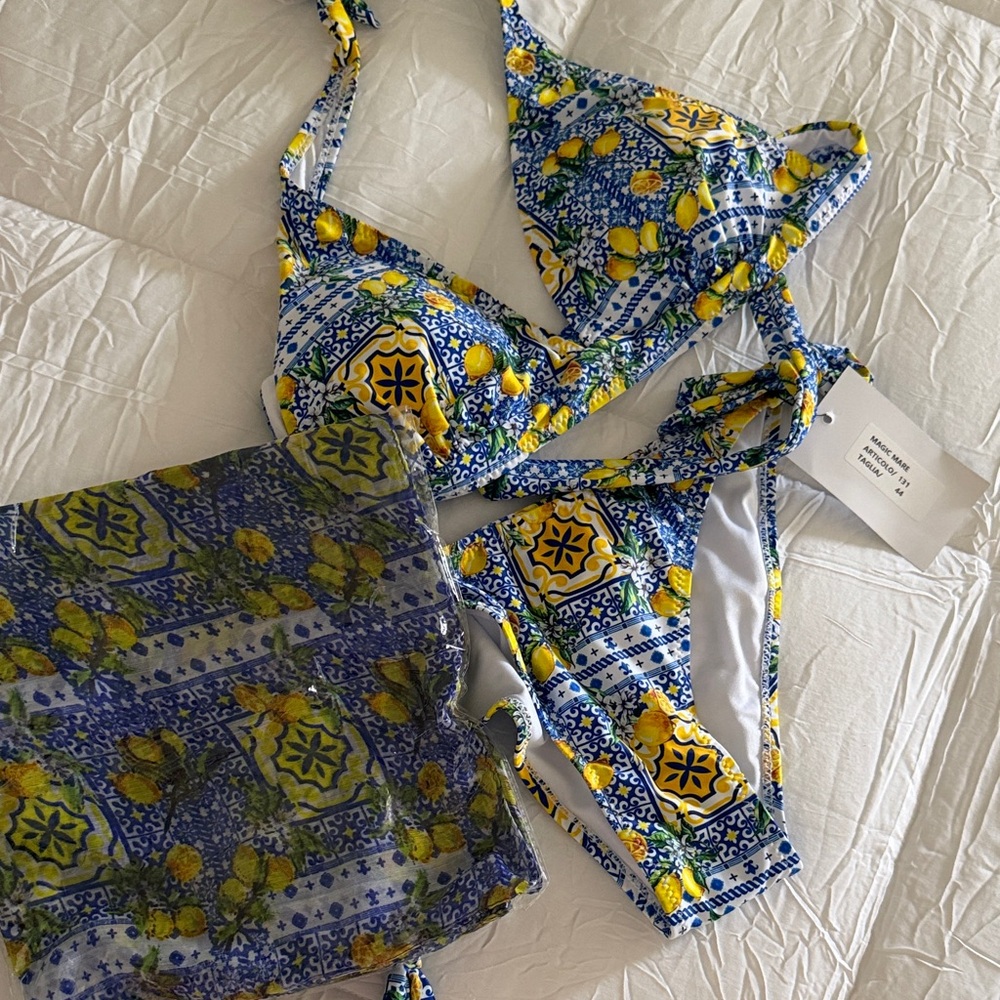 Lemon Tile Print Triangle Bikini Set in Blue & Yellow